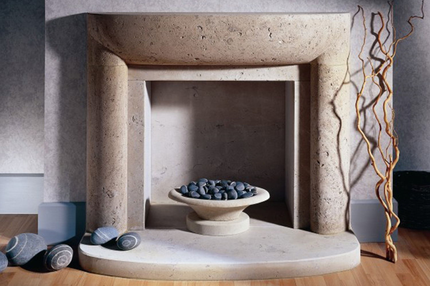 Modern stone fireplace